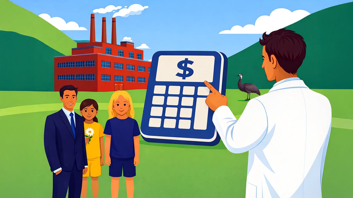 Businessman and two children standing beside a large calculator while a man points at it, with a redbrick factory and an emu in the background representing updated income in child support calculations
