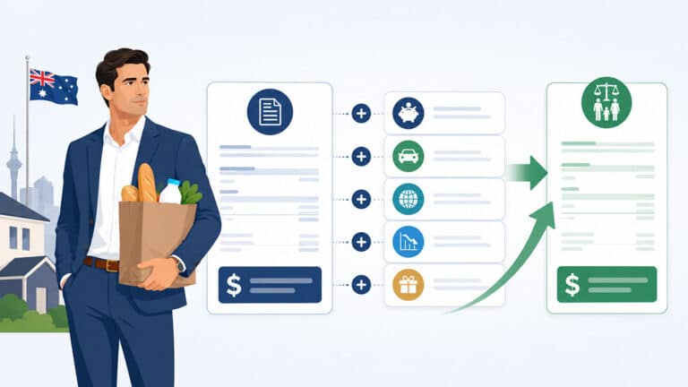 Parent holding groceries beside a tax return, income add-backs and the adjusted taxable income used for child support.