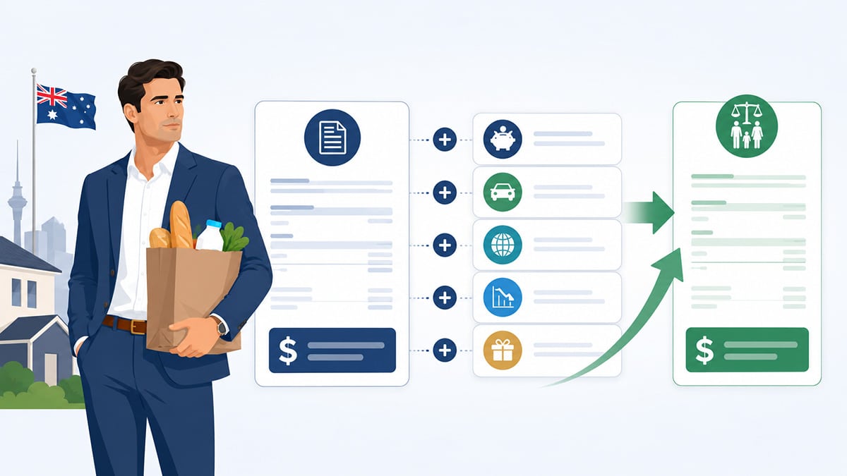 Parent holding groceries beside a tax return, income add-backs and the adjusted taxable income used for child support.