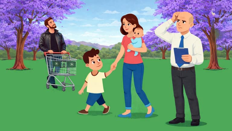 Mother holding a baby walks with a child while a man with a shopping trolley stands nearby and an official with a clipboard looks concerned, illustrating a typical child support assessment scenario in Australia.
