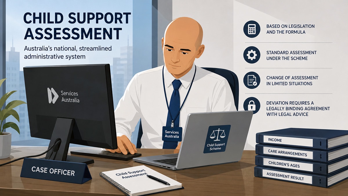 Case officer using computers to process an Australian child support assessment based on income, care arrangements and children’s ages.