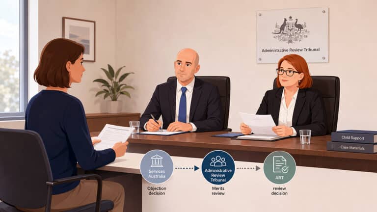 Parent presenting documents to two Administrative Review Tribunal members during an independent review of a child support decision.