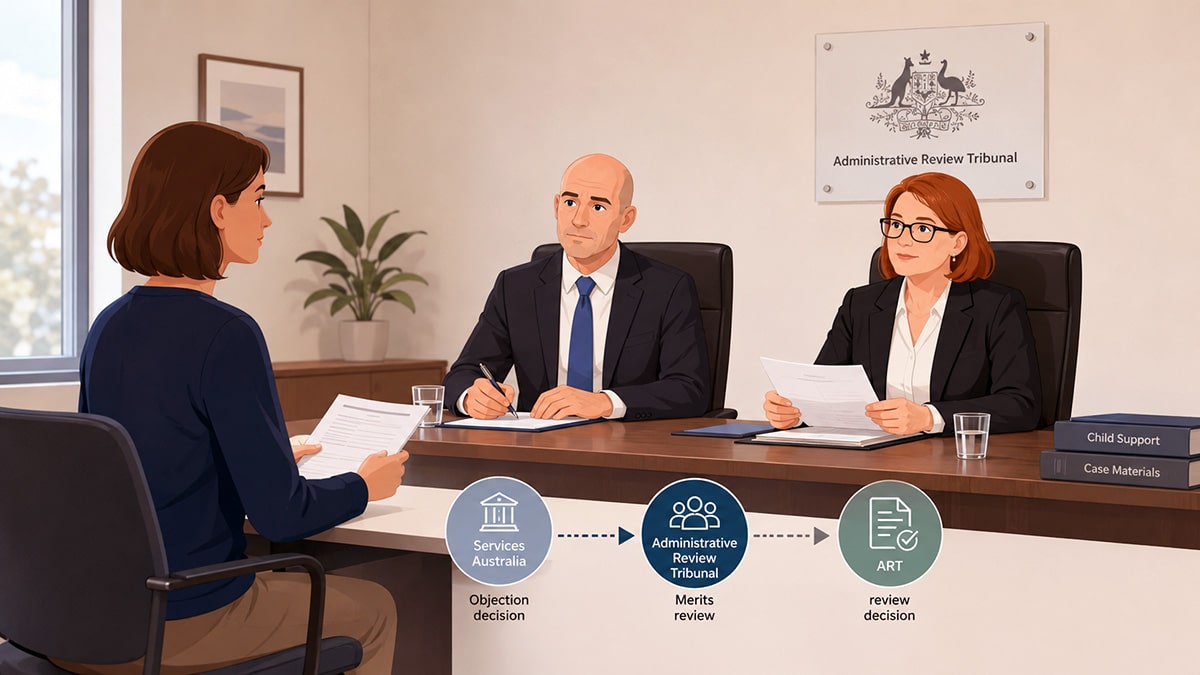 Parent presenting documents to two Administrative Review Tribunal members during an independent review of a child support decision.
