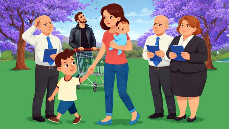 Mother walking with two children in a park while officials with clipboards observe, representing formal review of a child support decision by the Administrative Review Tribunal