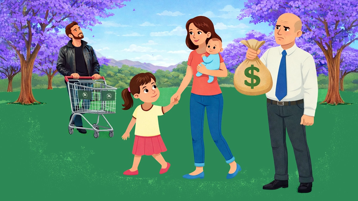 Mother walking with young daughter and baby while a man holds a money bag and another pushes a shopping trolley in a park setting