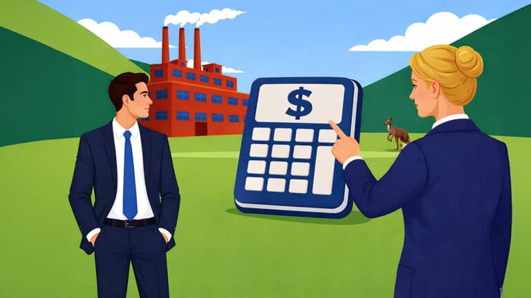 Businessman and businesswoman reviewing a child support calculator with a factory and kangaroo in the background, representing income and Australian wage benchmarks