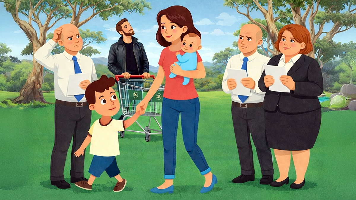 Mother with two children walks past officials holding assessment letters while a man with a shopping trolley stands behind, set in an Australian park with gum trees