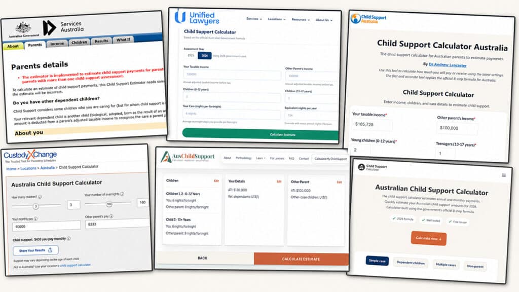 Montage of six Australian child support calculator screenshots arranged as overlapping panels for a comparison article.