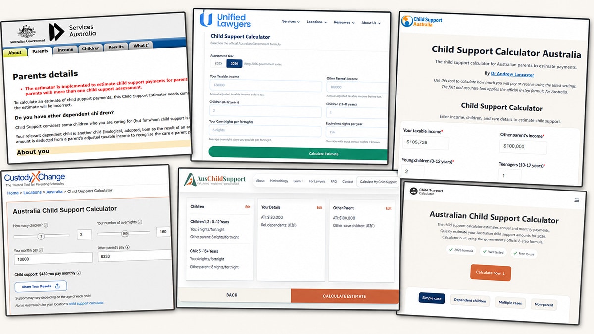 Montage of six Australian child support calculator screenshots arranged as overlapping panels for a comparison article.
