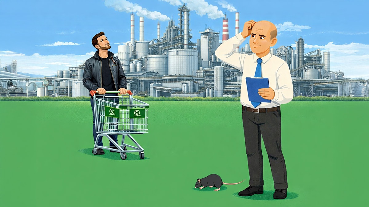 Two men in a field, one with a shopping trolley and one holding a clipboard, standing in front of a large industrial factory representing financial responsibility in child support calculations