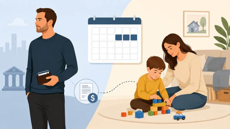 Separated father holding a wallet while a mother provides day-to-day care for their child, with a calendar showing limited care nights.