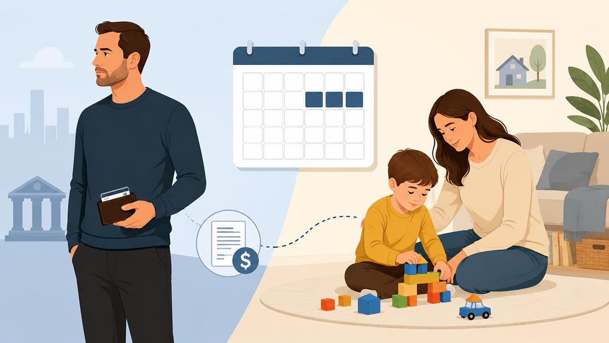 Separated father holding a wallet while a mother provides day-to-day care for their child, with a calendar showing limited care nights.