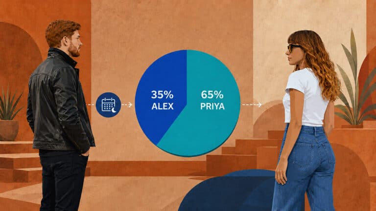 Vector illustration of Alex and Priya beside a chart showing a 35% and 65% child support care split, with a calendar representing overnight care.