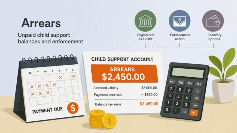 Child support account showing unpaid amounts accumulating as arrears, with a payment calendar, calculator and debt enforcement icons.