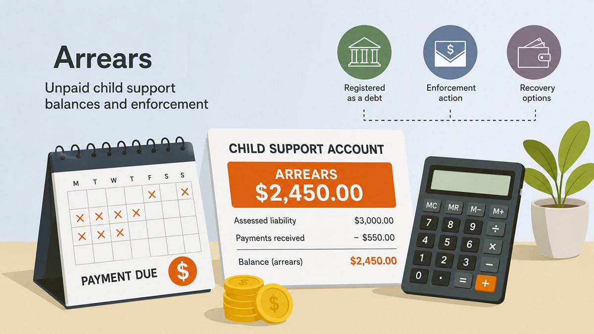 Child support account showing unpaid amounts accumulating as arrears, with a payment calendar, calculator and debt enforcement icons.