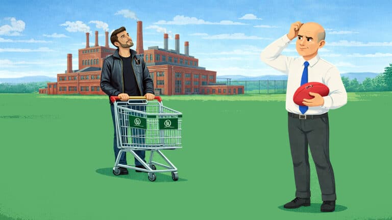 Man with shopping trolley looking toward a bald businessman holding an AFL ball, standing in front of a redbrick factory on open grassland