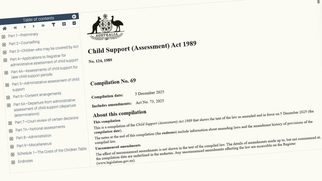 Screenshot of the Child Support (Assessment) Act 1989 on legislation.gov.au showing the Act title, compilation details, and table of contents sidebar