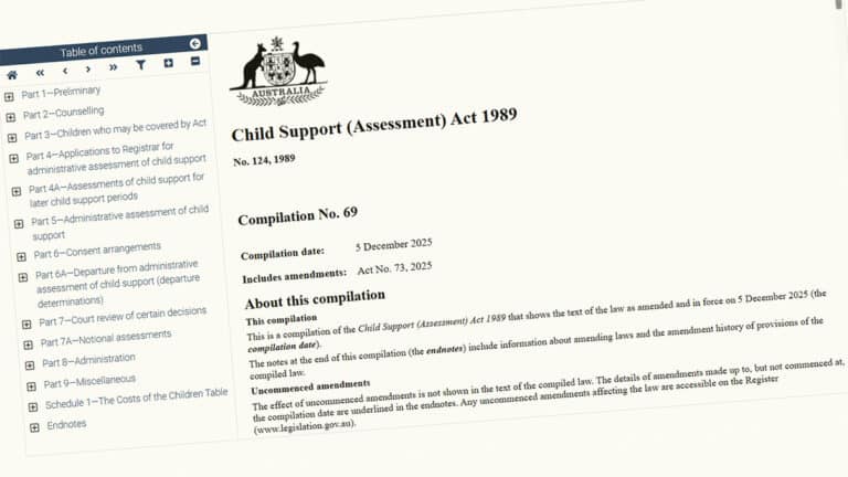Screenshot of the Child Support (Assessment) Act 1989 on legislation.gov.au showing the Act title, compilation details, and table of contents sidebar