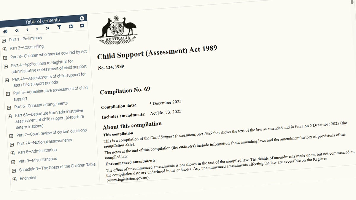 Screenshot of the Child Support (Assessment) Act 1989 on legislation.gov.au showing the Act title, compilation details, and table of contents sidebar