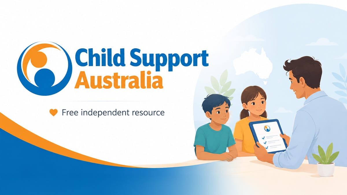 Banner for Child Support Australia showing the site logo, the words “Free independent resource,” and an illustration of a father and two children looking at a tablet.