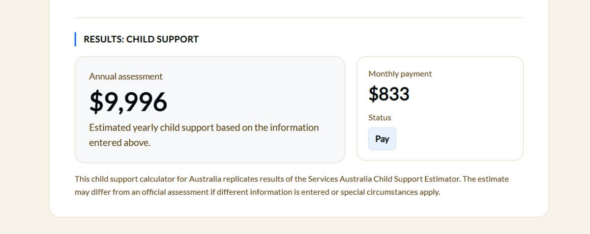 Child Support Calculator results screenshot