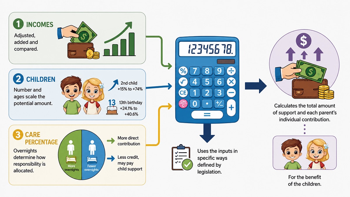 infographic showing how Australian child support is calculated using parental incomes, children, and care percentages feeding into a calculator formula.