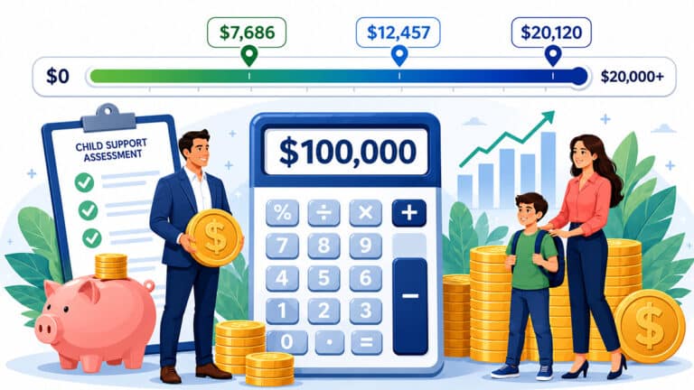 Child support calculator showing a $0 to $20,000+ payment range for a parent earning $100,000