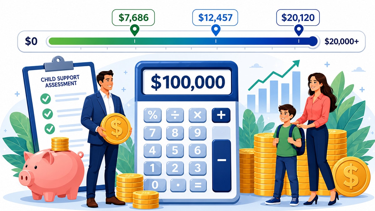Child support calculator showing a $0 to $20,000+ payment range for a parent earning $100,000
