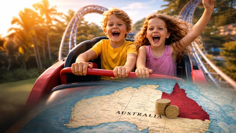 Children riding a rollercoaster above a map highlighting Queensland, with coins representing child support.