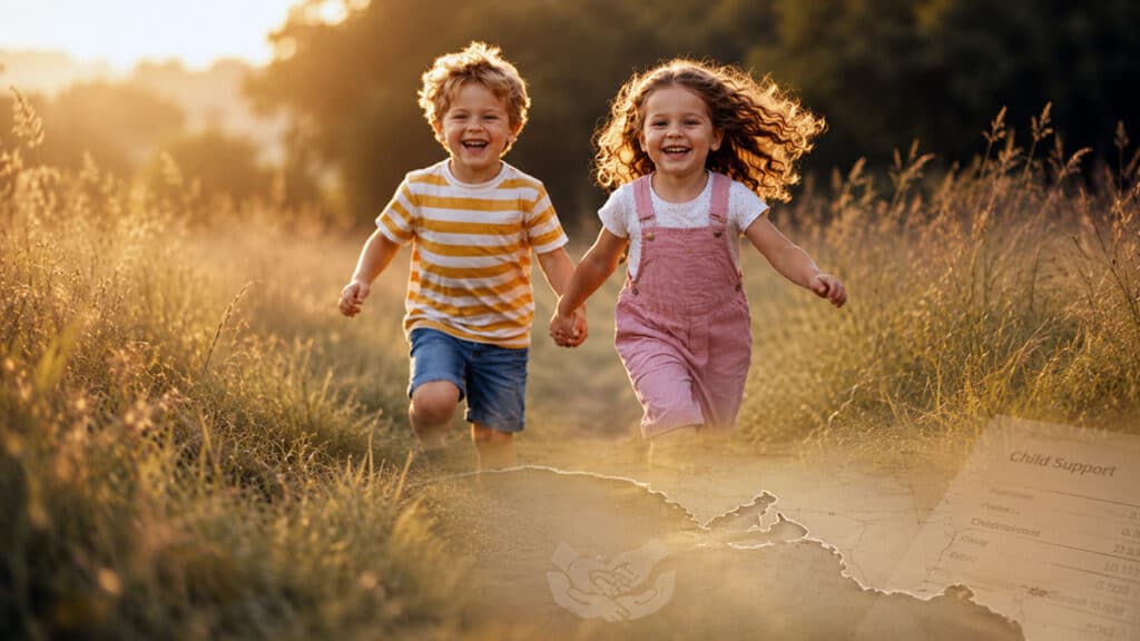 Children running through a South Australian field with a child support document and state map