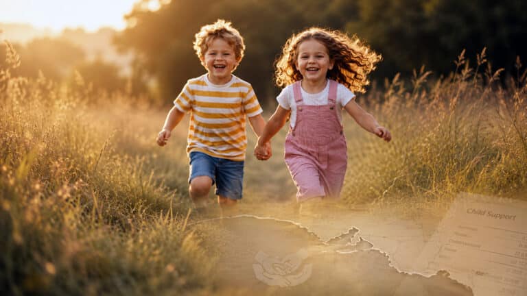 Children running through a South Australian field with a child support document and state map