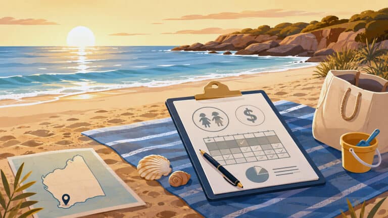 Child support assessment with a care calendar and dollar symbol beside a map of Western Australia on a beach