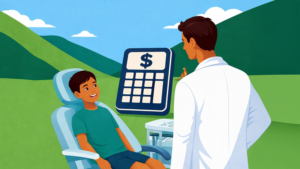 Child sitting in a dental chair with a dentist nearby and a large calculator beside them, illustrating how child support can be adjusted for treatment costs