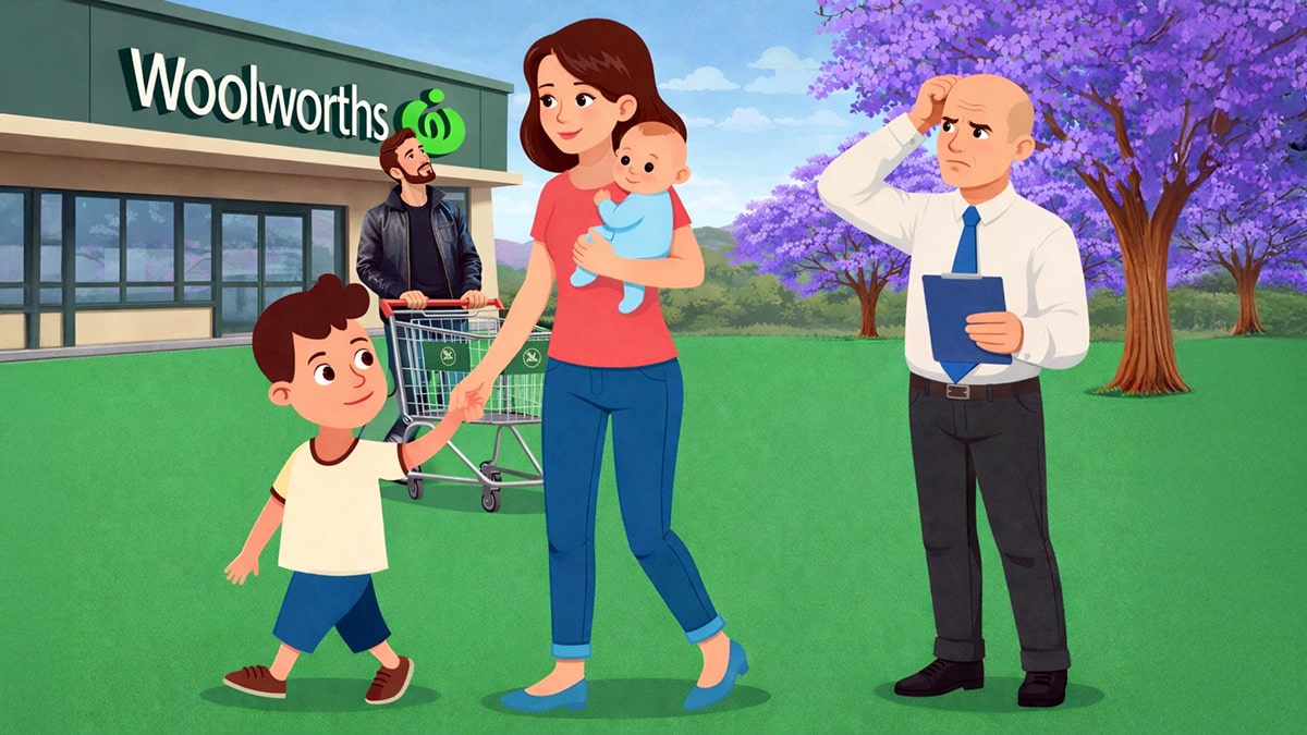 Mother holding a baby and walking with a child outside a supermarket while a man with a trolley and an official with a clipboard observe, illustrating a child support assessment scenario
