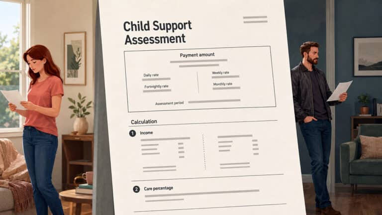 Separated parents reading child support assessment notices beside a document showing payment rates, the assessment period, income and care calculations