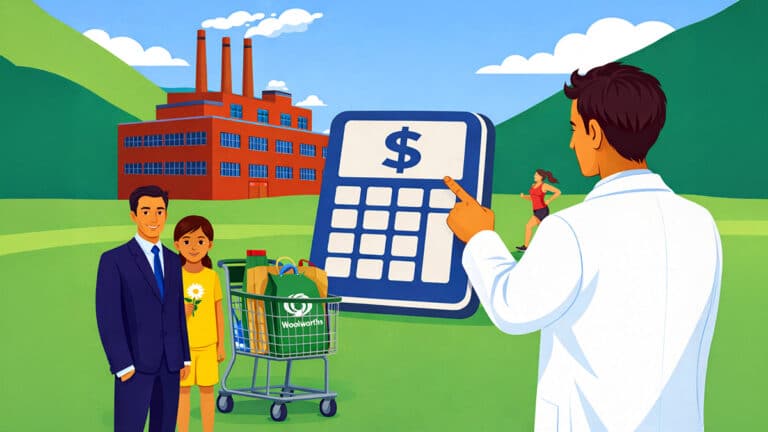 Illustration of a father and child beside a Woolworths shopping trolley, with a man using a calculator to estimate child support in a grassy landscape