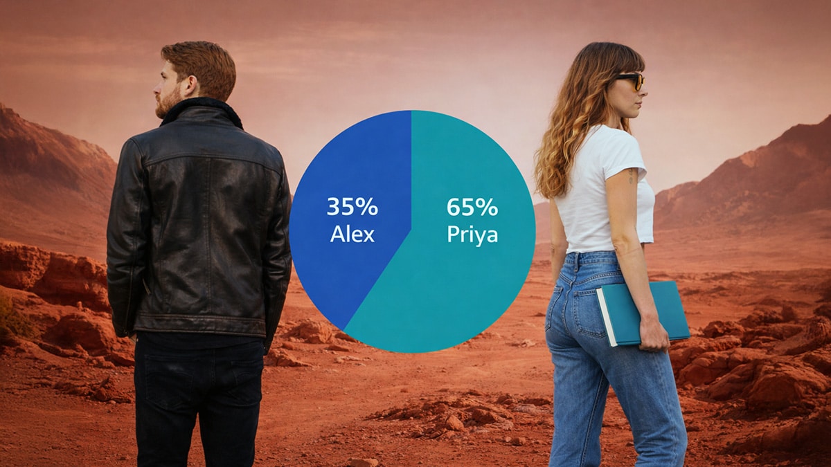 Two separated parents stand apart in a Mars-like landscape with a central pie chart showing a 35% and 65% care percentage split between them