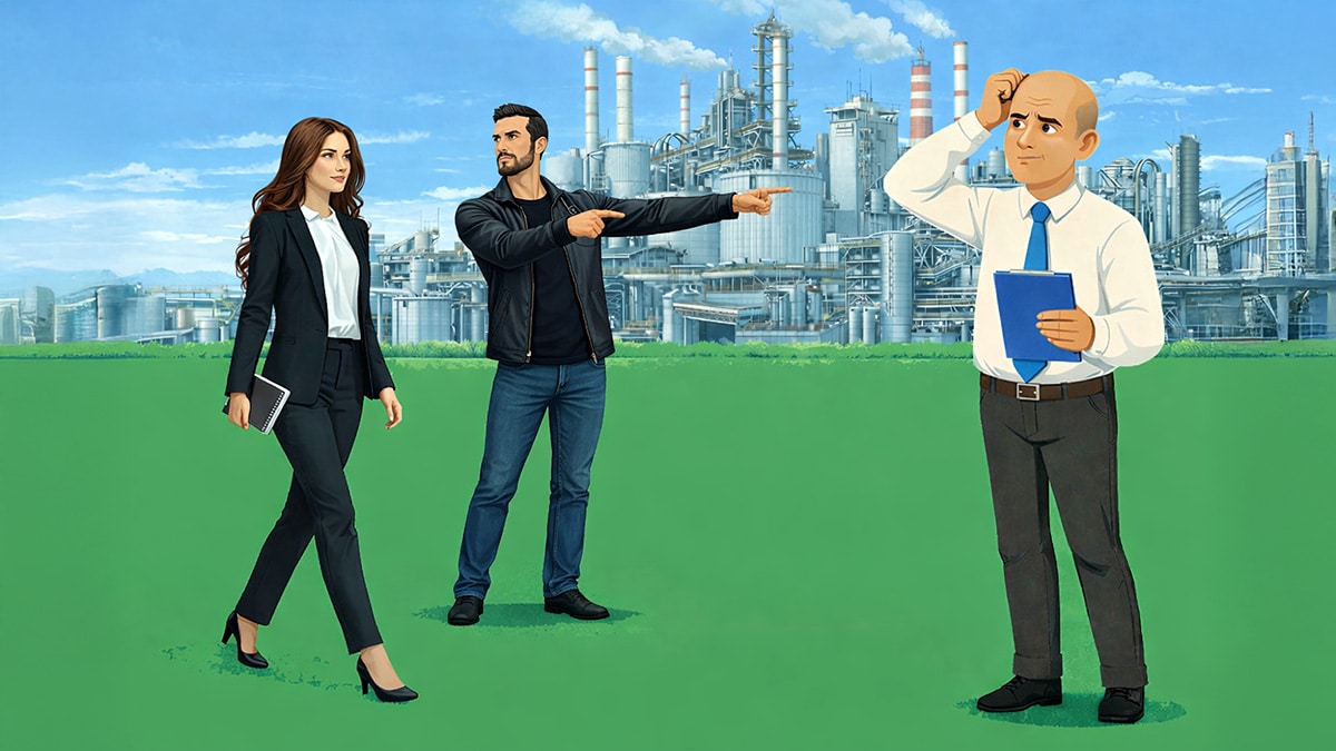 Parent pointing at case officer during a child support dispute, with a factory background symbolising administrative complexity