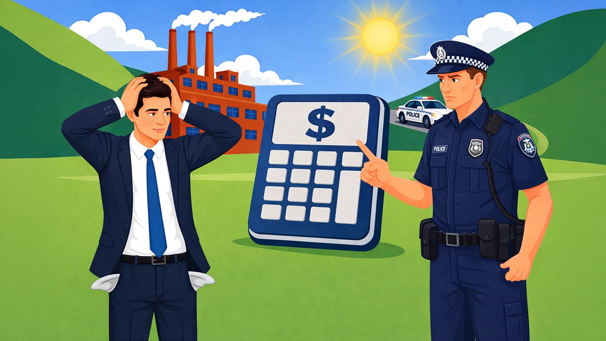 Stressed man facing large calculator while Australian police officer points at payment amount, representing child support enforcement and debt collection