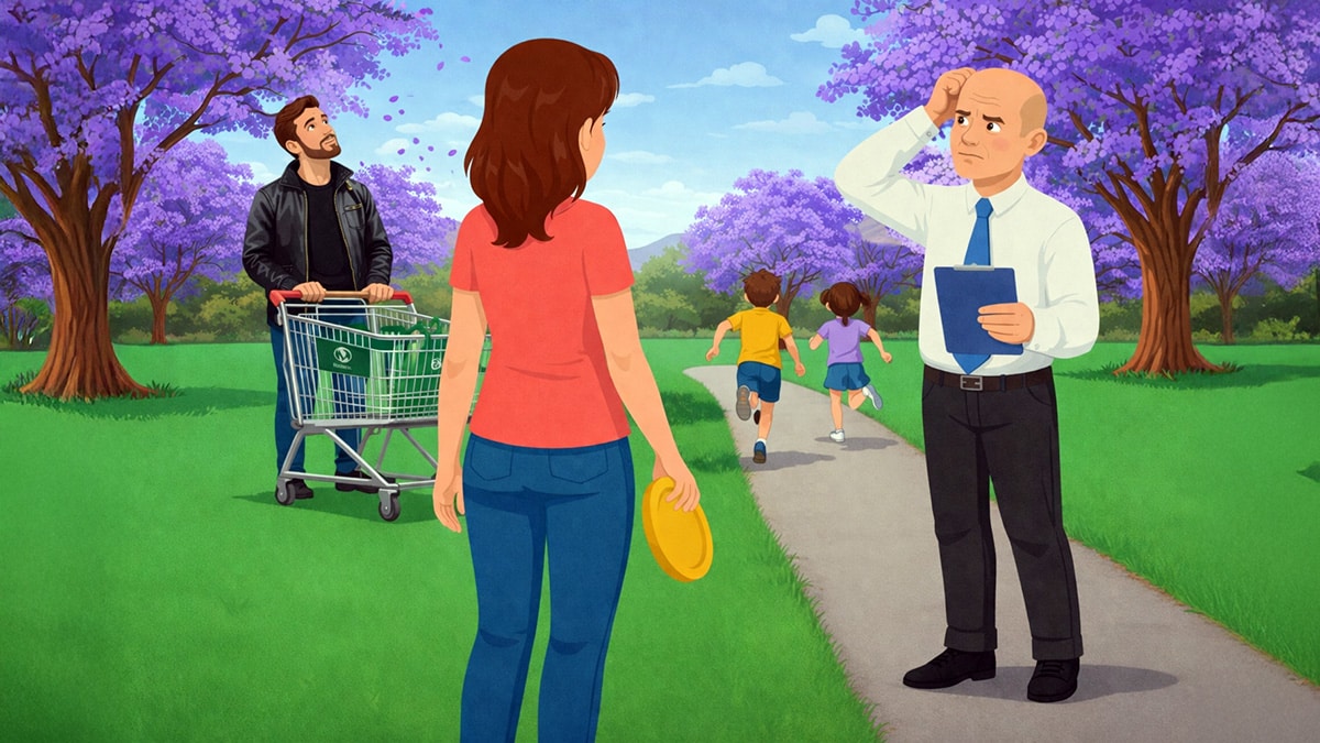 Illustration of separated parents in a park with one holding a clipboard, another with a shopping trolley, and two children running away in the background under jacaranda trees