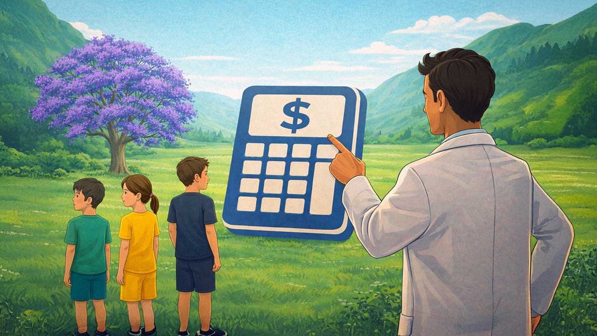 Man points to a calculator while three children face different directions in a valley with a jacaranda tree, illustrating the child support formula