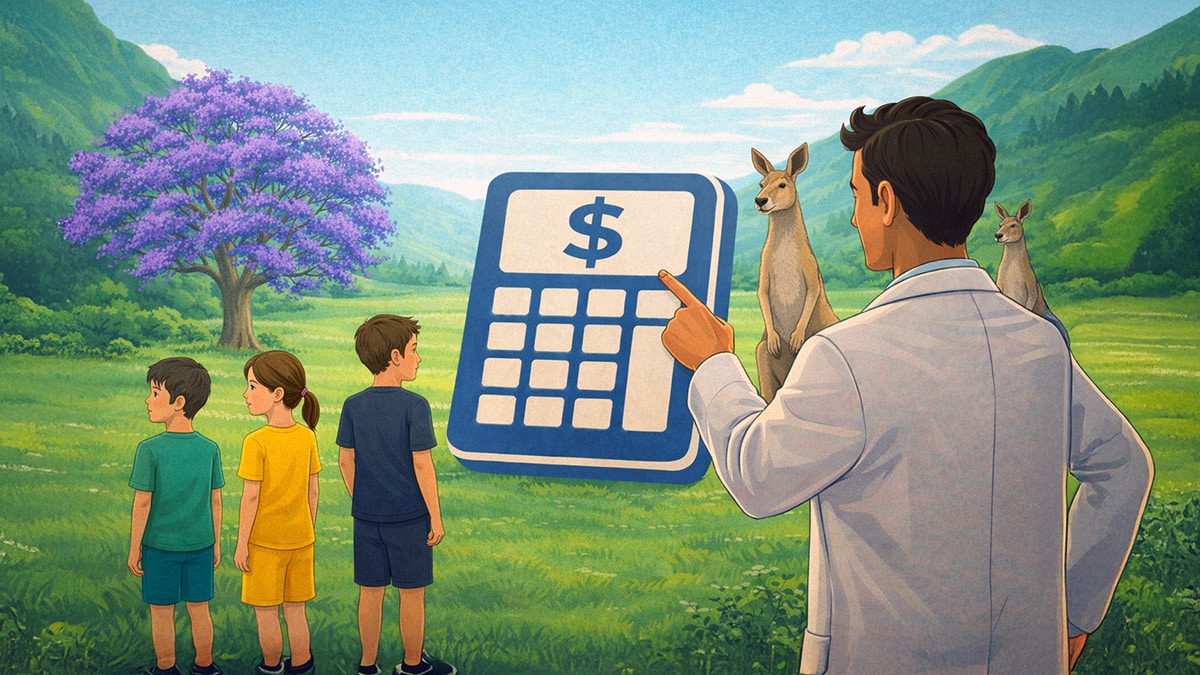 Man points to a calculator while three children face different directions in a valley with a jacaranda tree and kangaroos, illustrating the child support formula