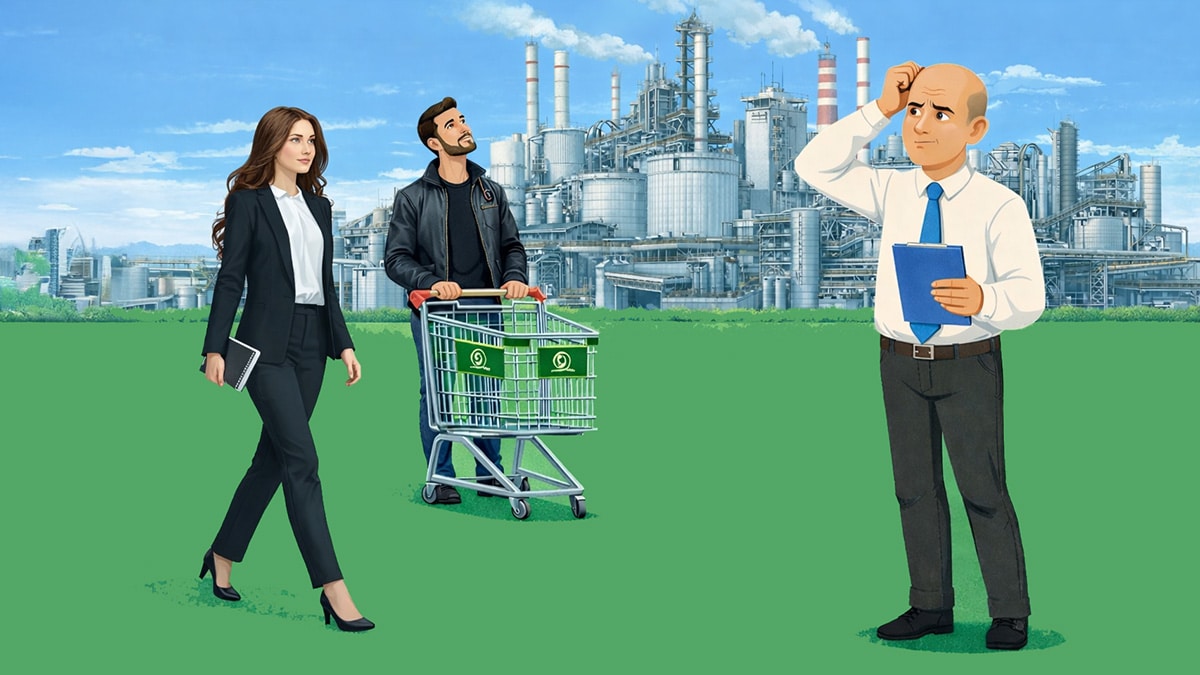 Illustration of two men and a businesswoman standing on grass in front of an industrial factory, representing different incomes and roles in a child support scenario