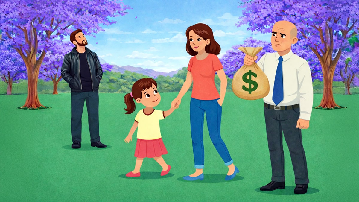 Illustration of a separated family where a mother and child walk together while a man holds a money bag and another man stands observing in a park setting