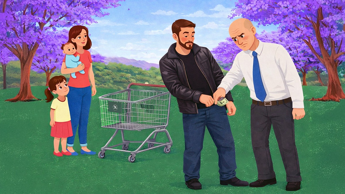 Illustration of a man having cash taken from his pocket by another man while a woman and two children stand nearby, symbolising child support deductions from wages