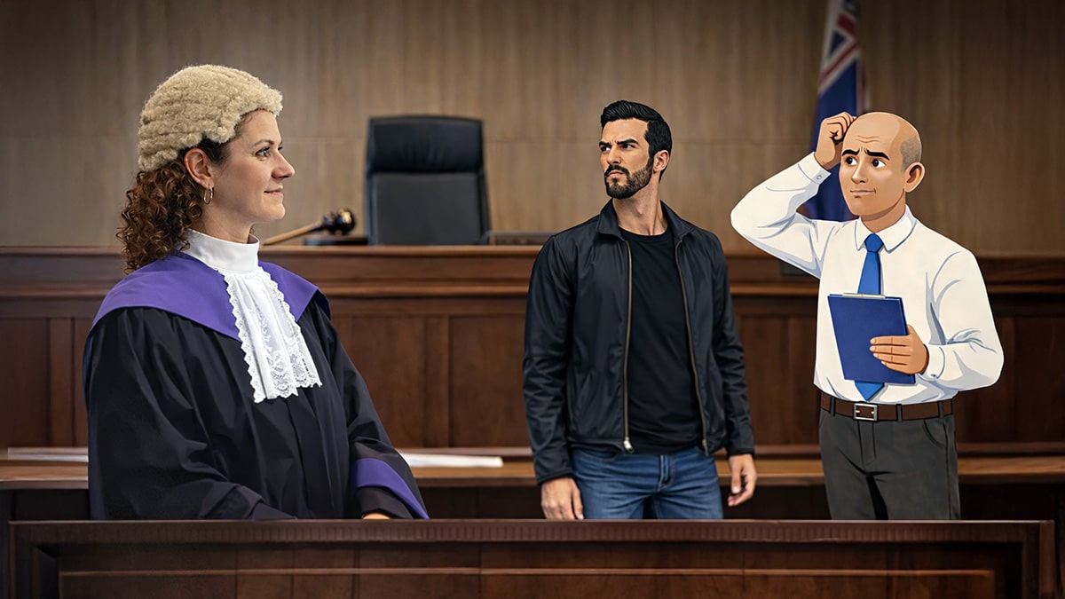 Female judge observing two men in a courtroom during a child support dispute, with one appearing confused and holding documents