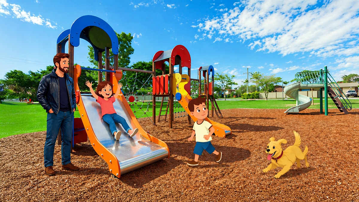 Father standing beside a playground slide watching a young girl slide down while a boy walks nearby and a dog runs across the woodchip ground under a bright blue sky