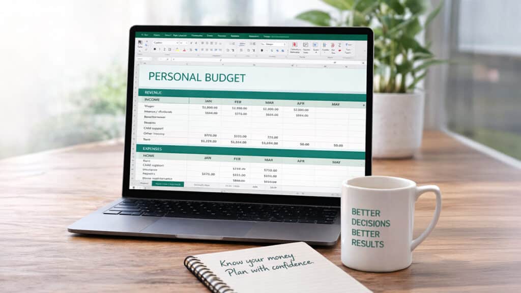 Laptop displaying a personal budget spreadsheet in Excel with income and expense categories on a desk