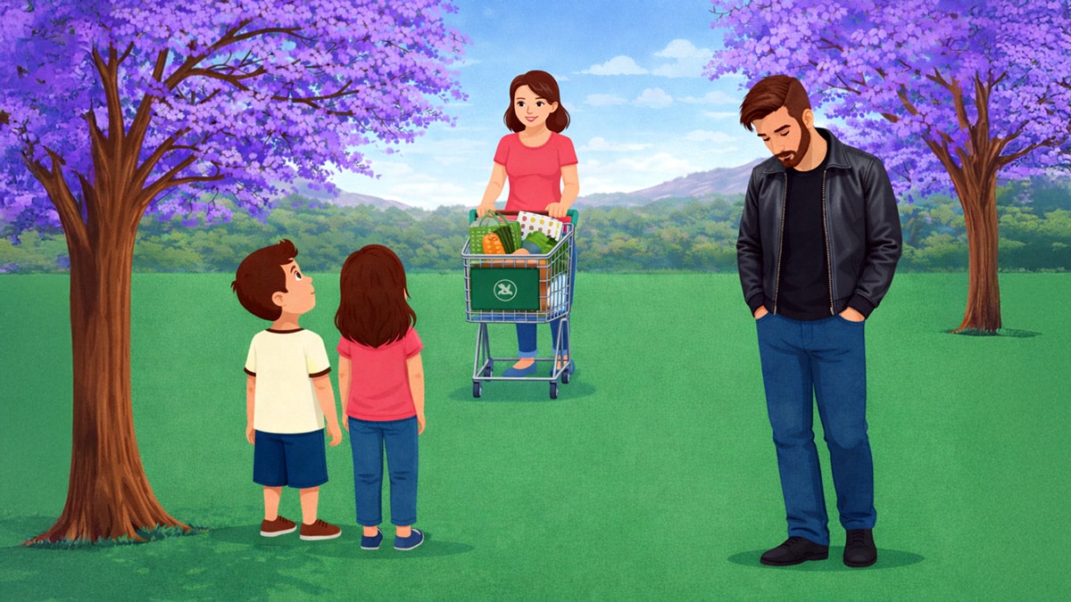 Father standing apart while children look up at tree, with mother pushing a shopping cart in the background, illustrating separated parenting and everyday child support context