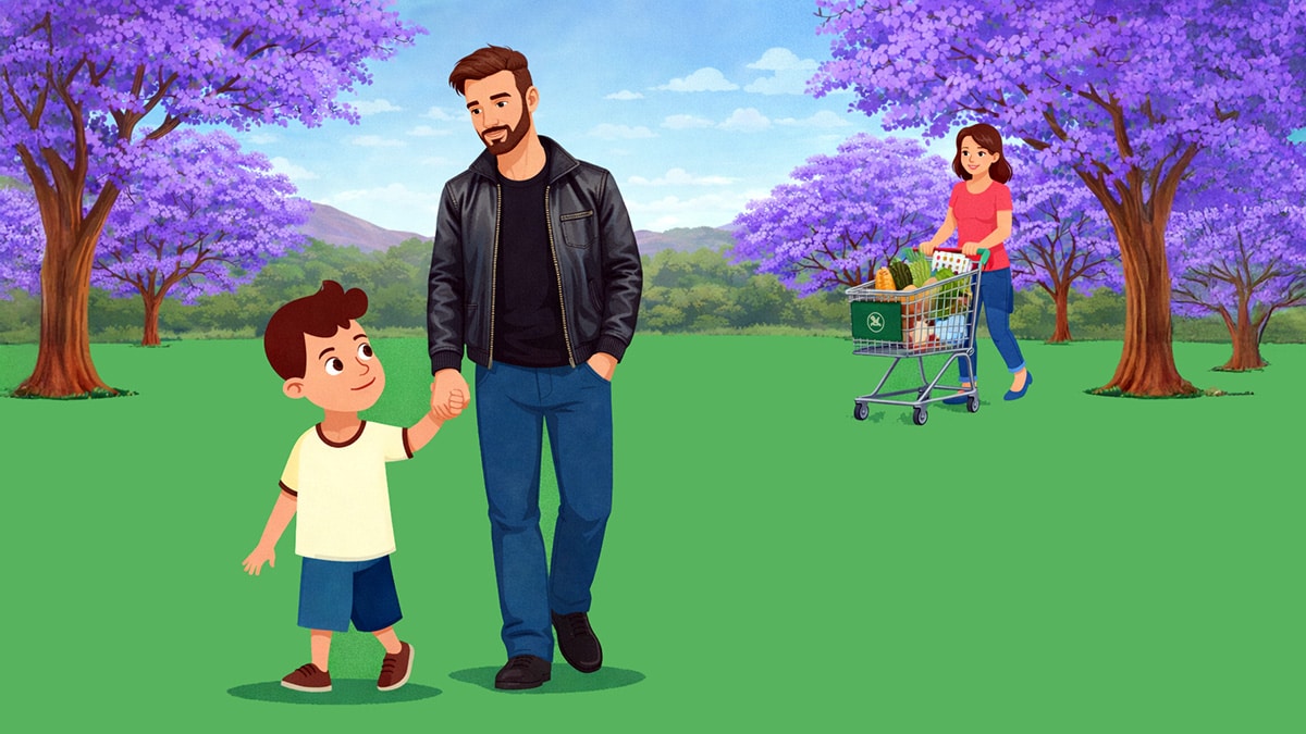 Father holding young son’s hand in a park while a woman pushes a grocery trolley in the background under jacaranda trees